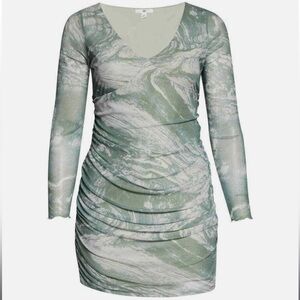 BP ruched mesh sage green and white marble swirl pattern long sleeve mini dress